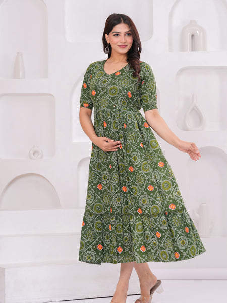 Olive Block Print Maternity Anarkali Midi Kurta