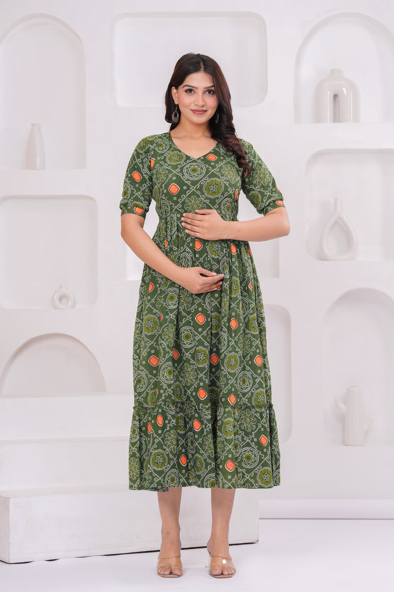 Olive Block Print Maternity Anarkali Midi Kurta