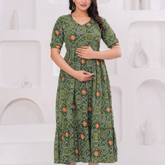 Olive Block Print Maternity Anarkali Midi Kurta