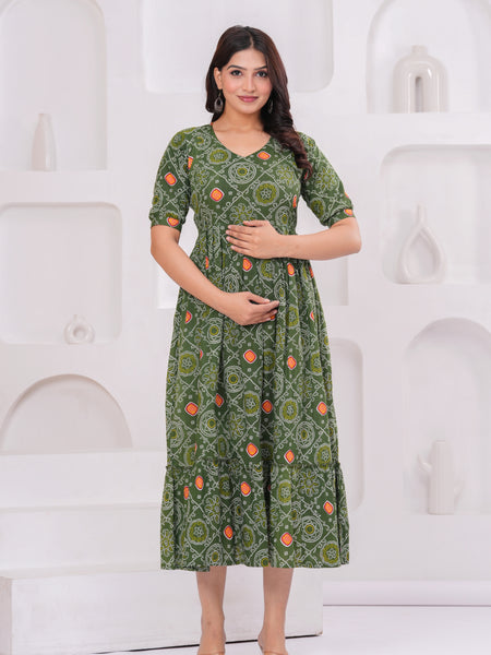 Olive Block Print Maternity Anarkali Midi Kurta
