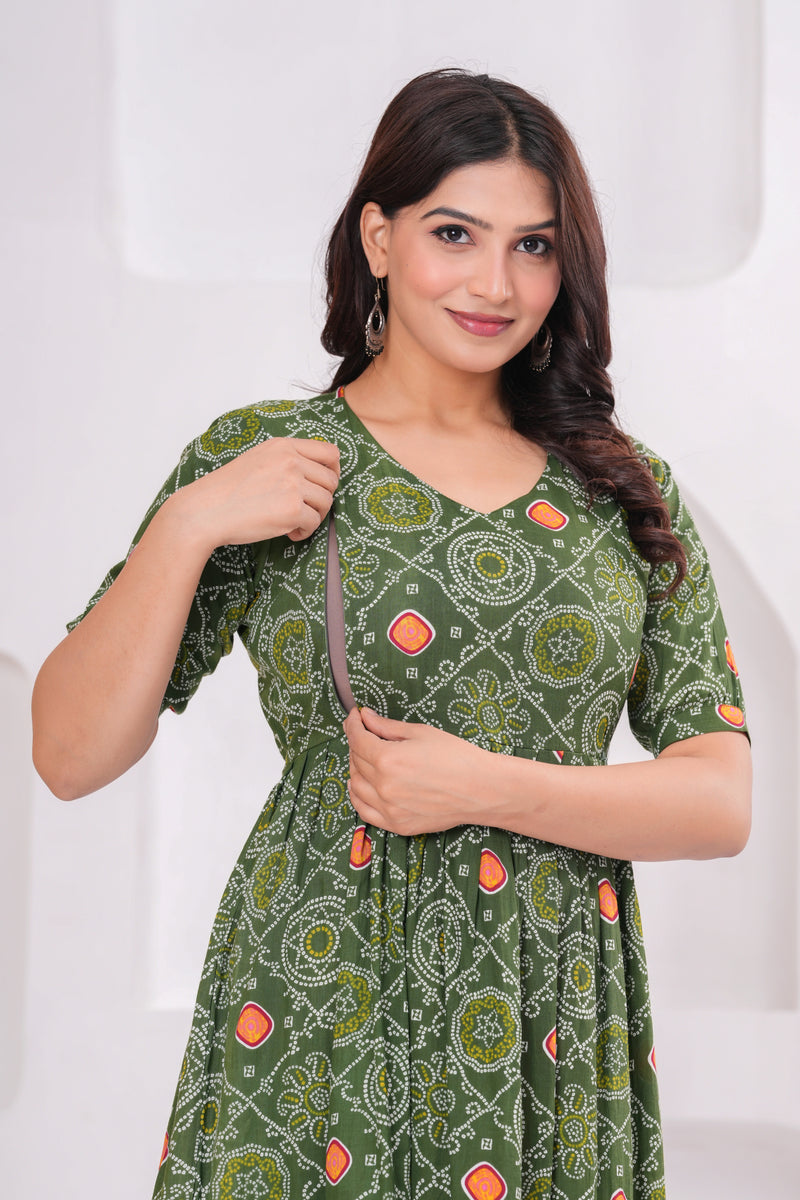 Olive Block Print Maternity Anarkali Midi Kurta
