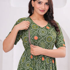 Olive Block Print Maternity Anarkali Midi Kurta