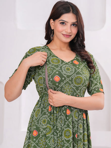 Olive Block Print Maternity Anarkali Midi Kurta