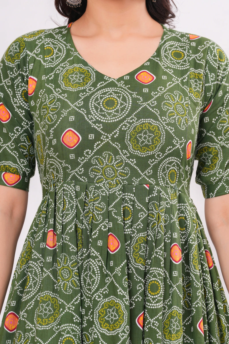 Olive Block Print Maternity Anarkali Midi Kurta