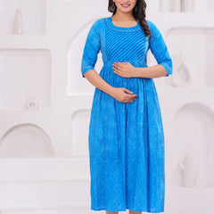 Elegant Blue Printed Maternity Dress – Comfort Meets Style