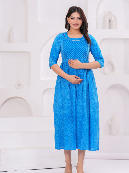 Elegant Blue Printed Maternity Dress – Comfort Meets Style