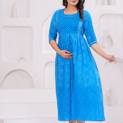 Elegant Blue Printed Maternity Dress – Comfort Meets Style