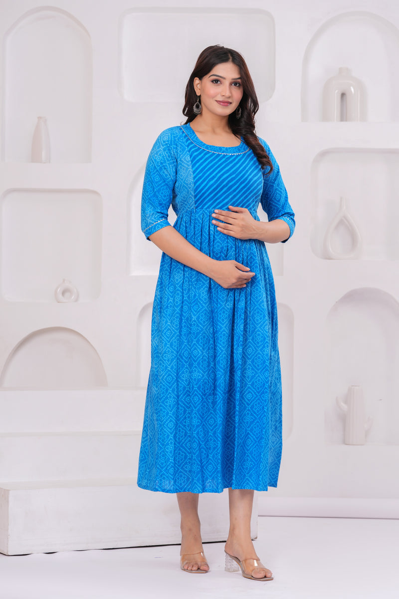 Elegant Blue Printed Maternity Dress – Comfort Meets Style