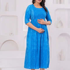 Elegant Blue Printed Maternity Dress – Comfort Meets Style