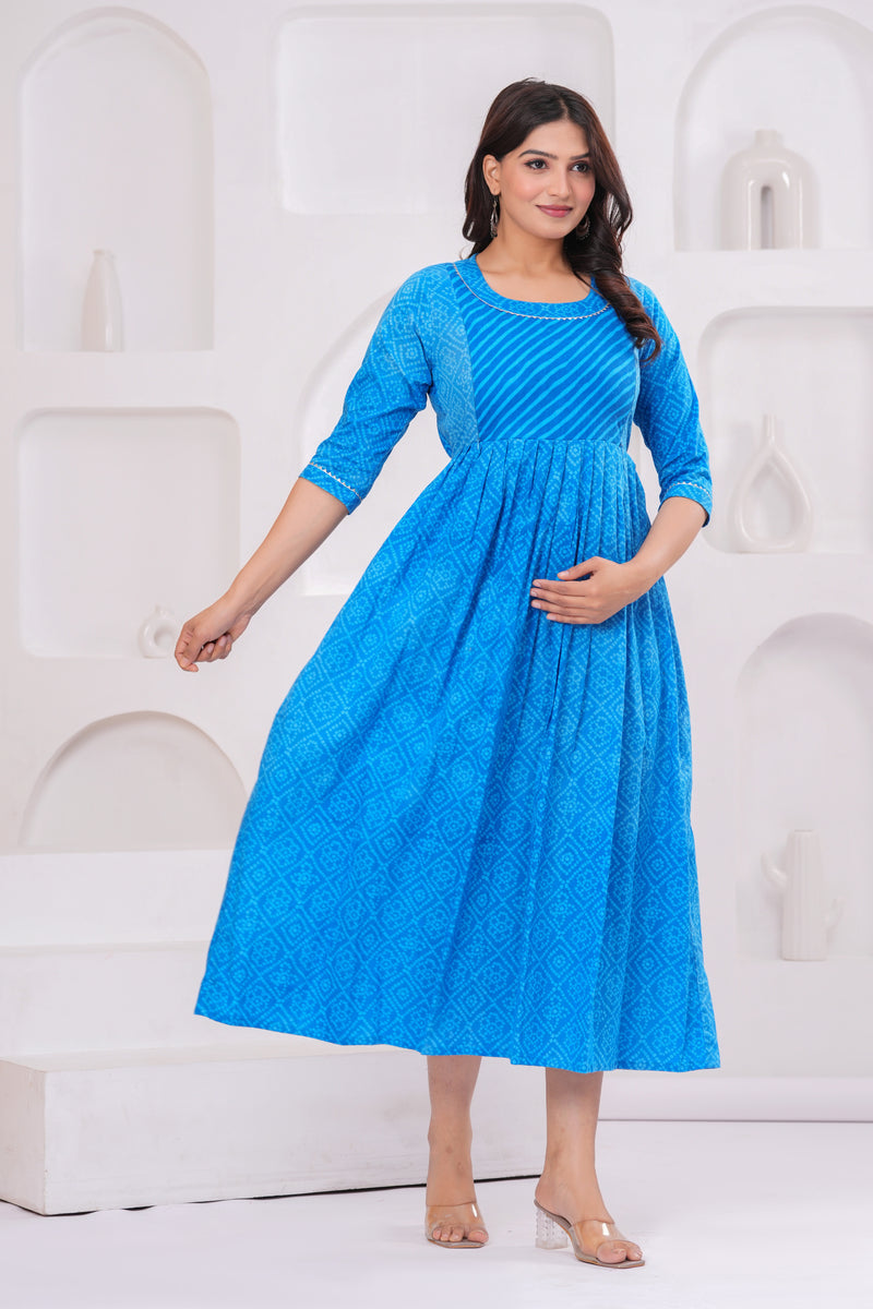 Elegant Blue Printed Maternity Dress – Comfort Meets Style