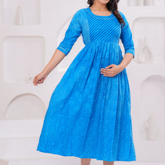 Elegant Blue Printed Maternity Dress – Comfort Meets Style