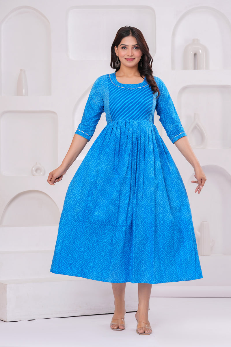 Elegant Blue Printed Maternity Dress – Comfort Meets Style