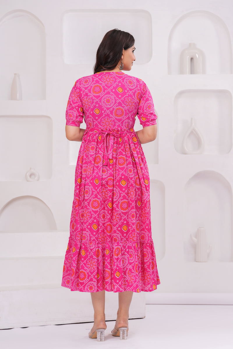 Pink Bandhani Print Maternity Anarkali Kurta – Flared & Breathable Cotton