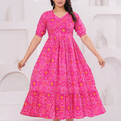 Pink Bandhani Print Maternity Anarkali Kurta – Flared & Breathable Cotton