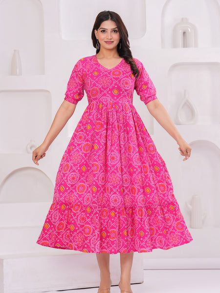 Pink Bandhani Print Maternity Anarkali Kurta – Flared & Breathable Cotton
