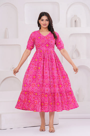 Pink Bandhani Print Maternity Anarkali Kurta – Flared & Breathable Cotton