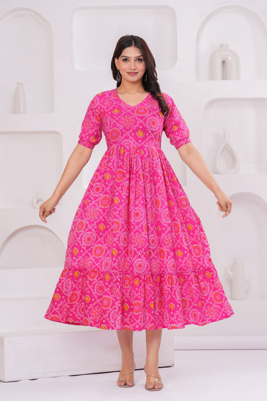 Pink Bandhani Print Maternity Anarkali Kurta – Flared & Breathable Cotton