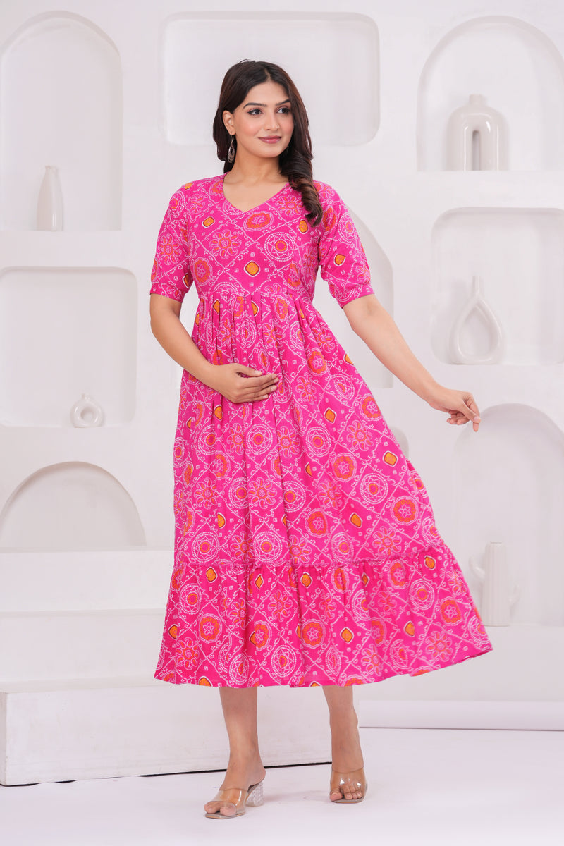 Pink Bandhani Print Maternity Anarkali Kurta – Flared & Breathable Cotton