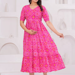 Pink Bandhani Print Maternity Anarkali Kurta – Flared & Breathable Cotton