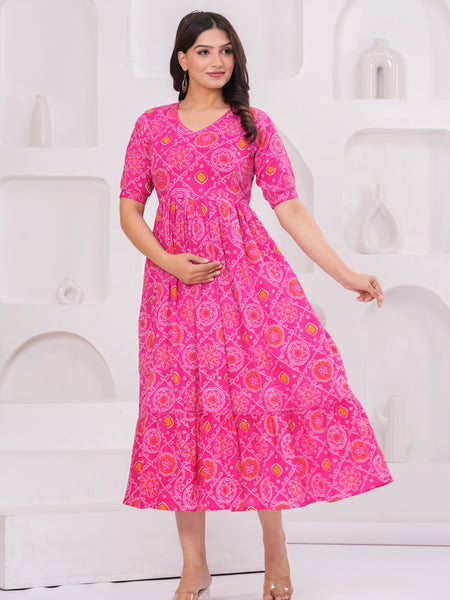 Pink Bandhani Print Maternity Anarkali Kurta – Flared & Breathable Cotton