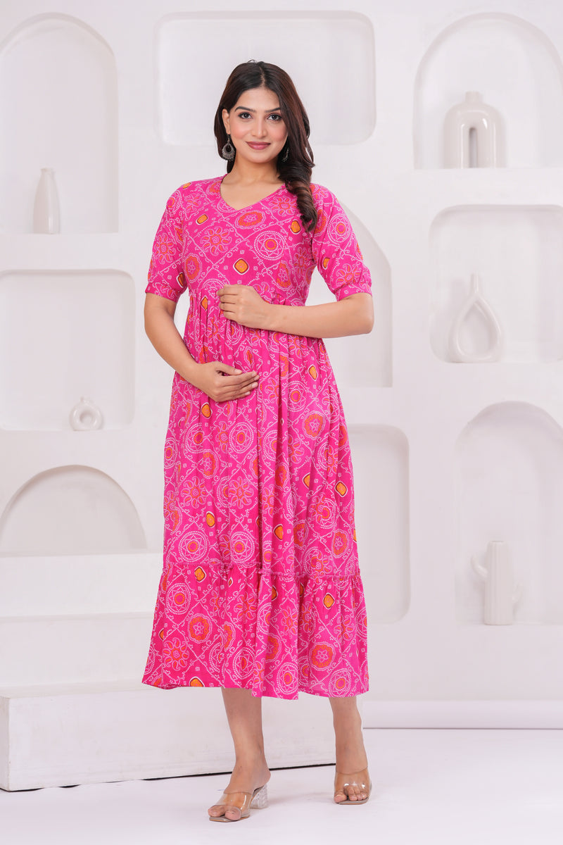 Pink Bandhani Print Maternity Anarkali Kurta – Flared & Breathable Cotton