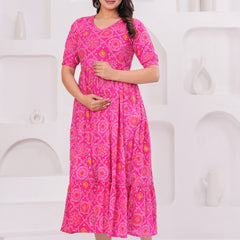 Pink Bandhani Print Maternity Anarkali Kurta – Flared & Breathable Cotton
