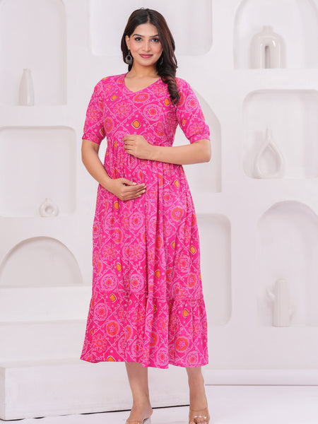 Pink Bandhani Print Maternity Anarkali Kurta – Flared & Breathable Cotton