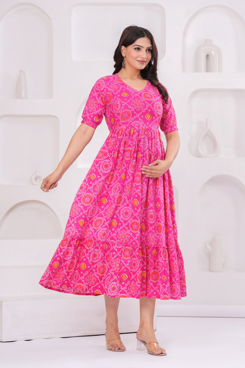 Pink Bandhani Print Maternity Anarkali Kurta – Flared & Breathable Cotton