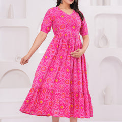 Pink Bandhani Print Maternity Anarkali Kurta – Flared & Breathable Cotton
