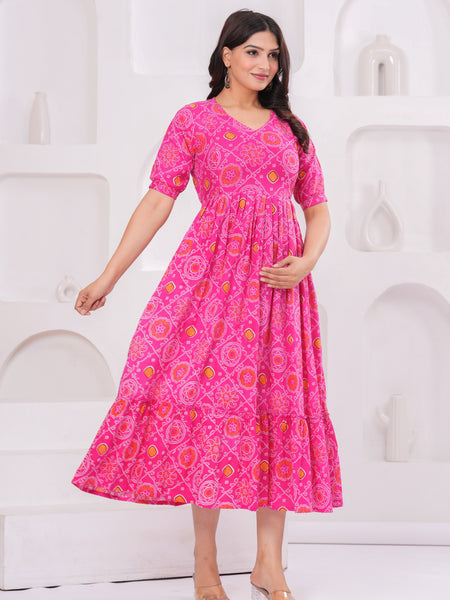 Pink Bandhani Print Maternity Anarkali Kurta – Flared & Breathable Cotton