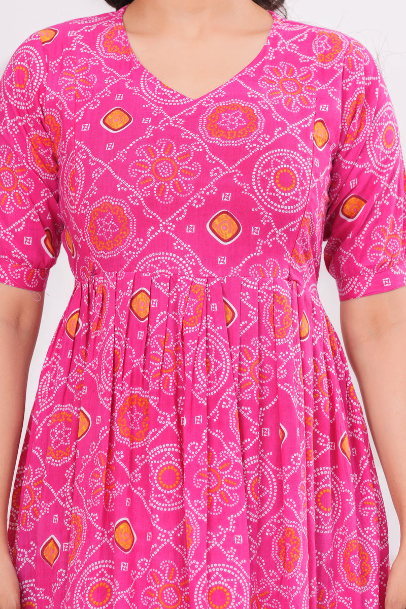 Pink Bandhani Print Maternity Anarkali Kurta – Flared & Breathable Cotton