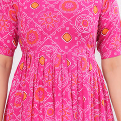Pink Bandhani Print Maternity Anarkali Kurta – Flared & Breathable Cotton