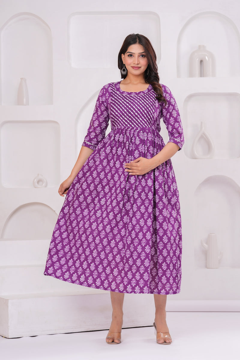 Elegant Purple Cotton Anarkali Maternity Kurta with White Floral Print