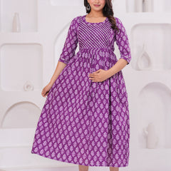 Elegant Purple Cotton Anarkali Maternity Kurta with White Floral Print