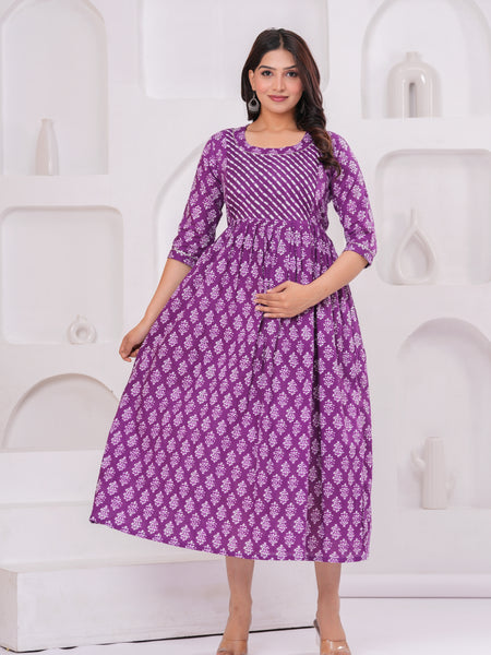 Elegant Purple Cotton Anarkali Maternity Kurta with White Floral Print