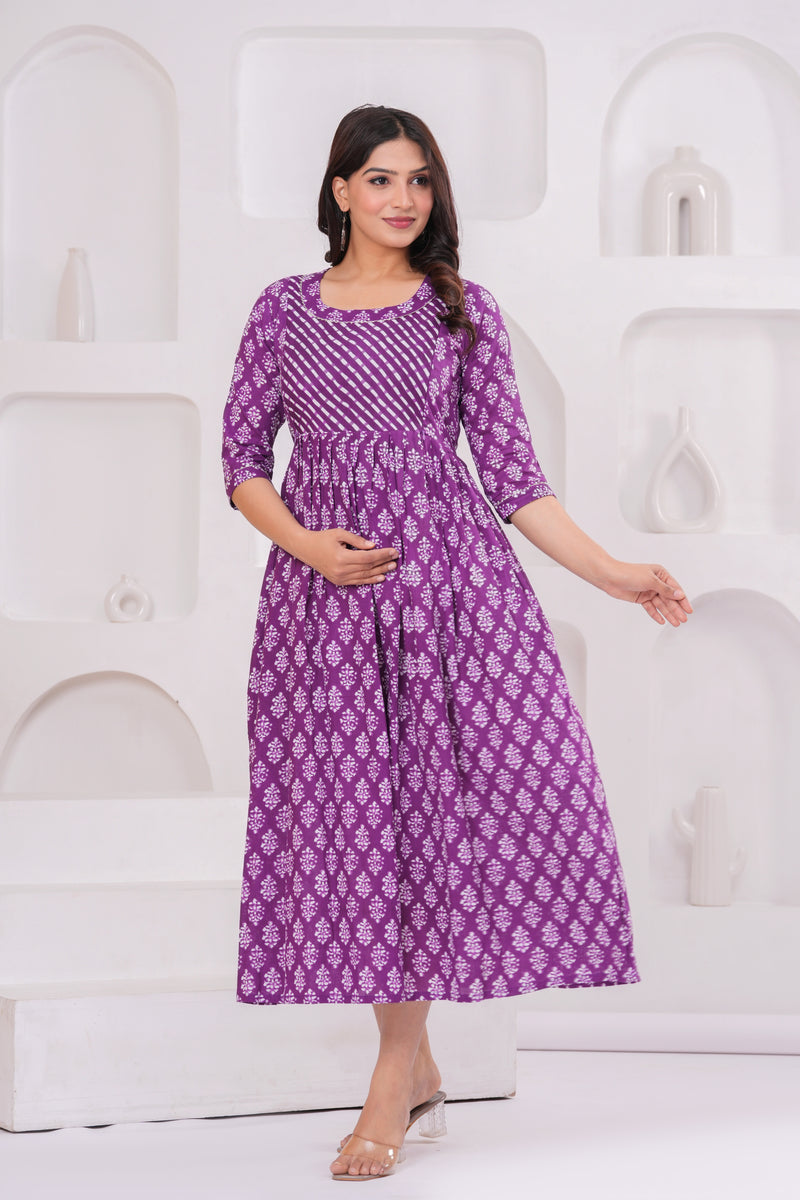 Elegant Purple Cotton Anarkali Maternity Kurta with White Floral Print