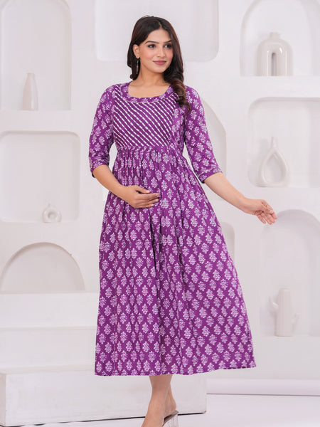 Elegant Purple Cotton Anarkali Maternity Kurta with White Floral Print