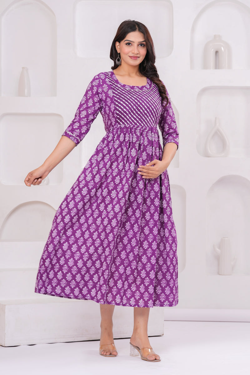 Elegant Purple Cotton Anarkali Maternity Kurta with White Floral Print