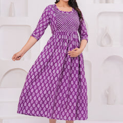 Elegant Purple Cotton Anarkali Maternity Kurta with White Floral Print