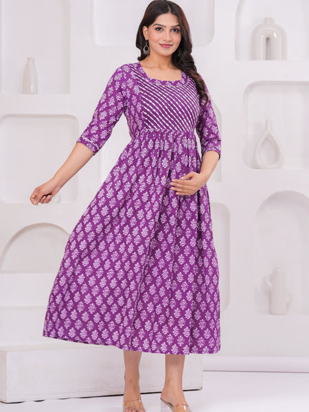 Elegant Purple Cotton Anarkali Maternity Kurta with White Floral Print