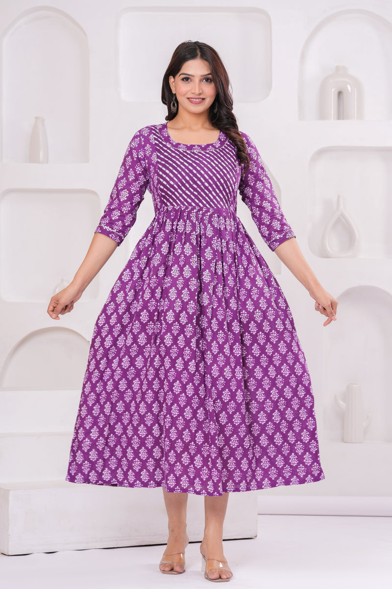 Elegant Purple Cotton Anarkali Maternity Kurta with White Floral Print