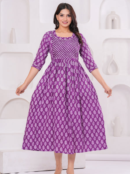 Elegant Purple Cotton Anarkali Maternity Kurta with White Floral Print