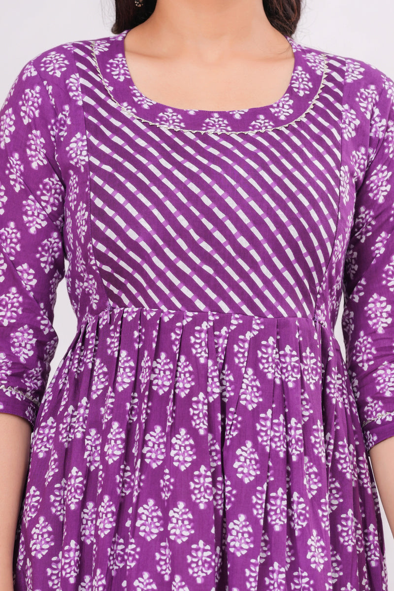 Elegant Purple Cotton Anarkali Maternity Kurta with White Floral Print