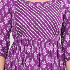 Elegant Purple Cotton Anarkali Maternity Kurta with White Floral Print