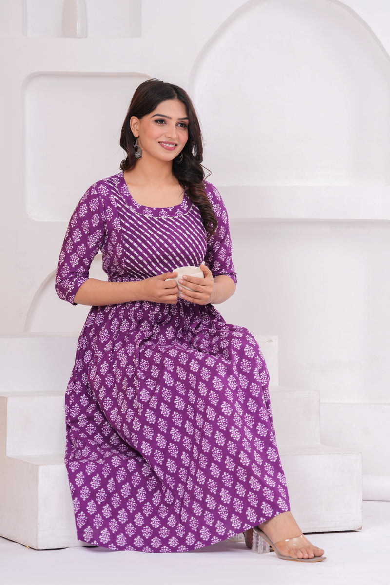 Elegant Purple Cotton Anarkali Maternity Kurta with White Floral Print