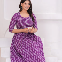 Elegant Purple Cotton Anarkali Maternity Kurta with White Floral Print
