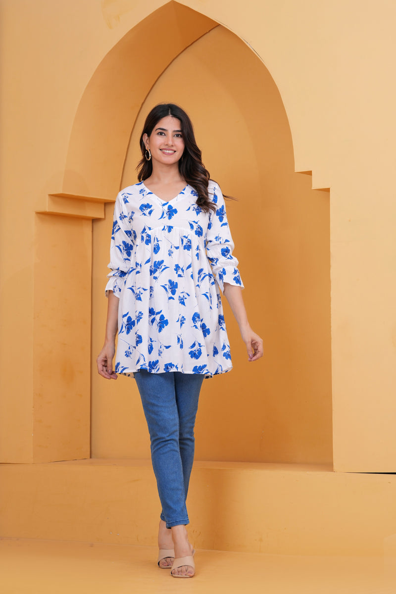 Elegant White & Blue Floral Printed A-Line Tunic Top for Women