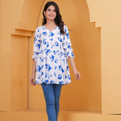 Elegant White & Blue Floral Printed A-Line Tunic Top for Women