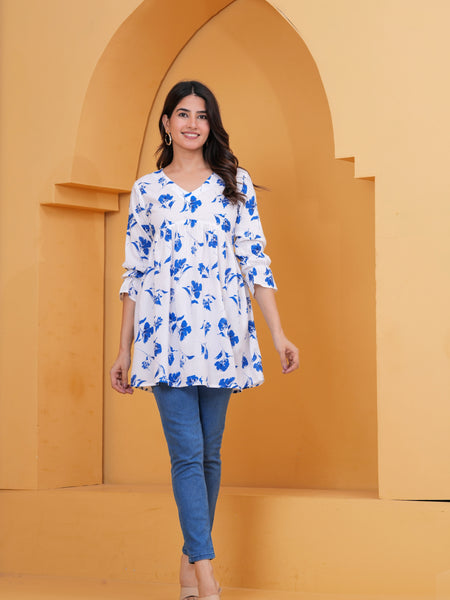 Elegant White & Blue Floral Printed A-Line Tunic Top for Women