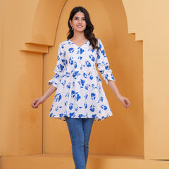 Elegant White & Blue Floral Printed A-Line Tunic Top for Women